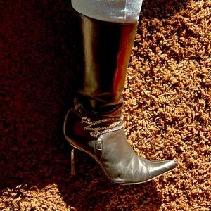 Black chain heel boots